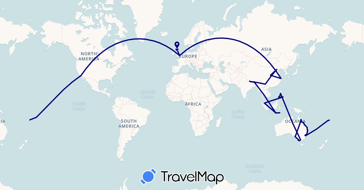 TravelMap itinerary: driving in Australia, Bhutan, China, Fiji, United Kingdom, Indonesia, Malaysia, Nepal, Philippines, Thailand, United States, Samoa (Asia, Europe, North America, Oceania)